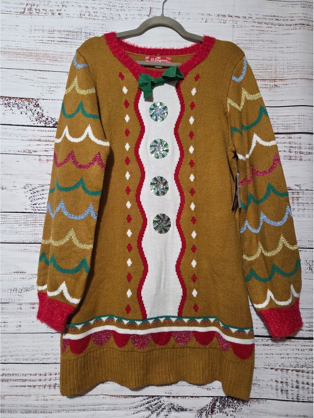 33 Degrees Large Gingerbread Sweater with Sequins and Bow Christmas